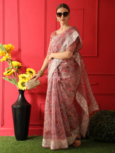 Substantial Floral print pure organza peach saree